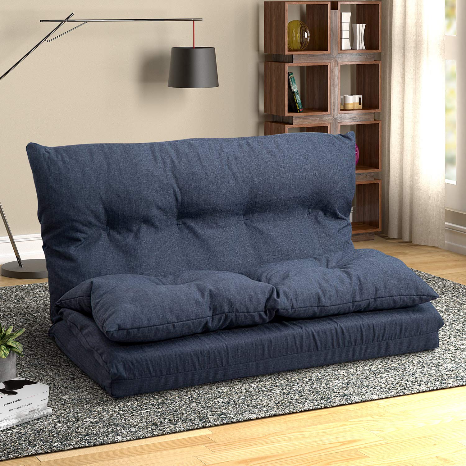YSKWA Adjustable Fabric Folding Chaise Lounge Sofa Chair - 5 Reclining Positions, Foldable Floor Couch for Living Room, Bedroom, Patio - Navy Blue Love Seat for Relaxing, Reading & Sunbathing
