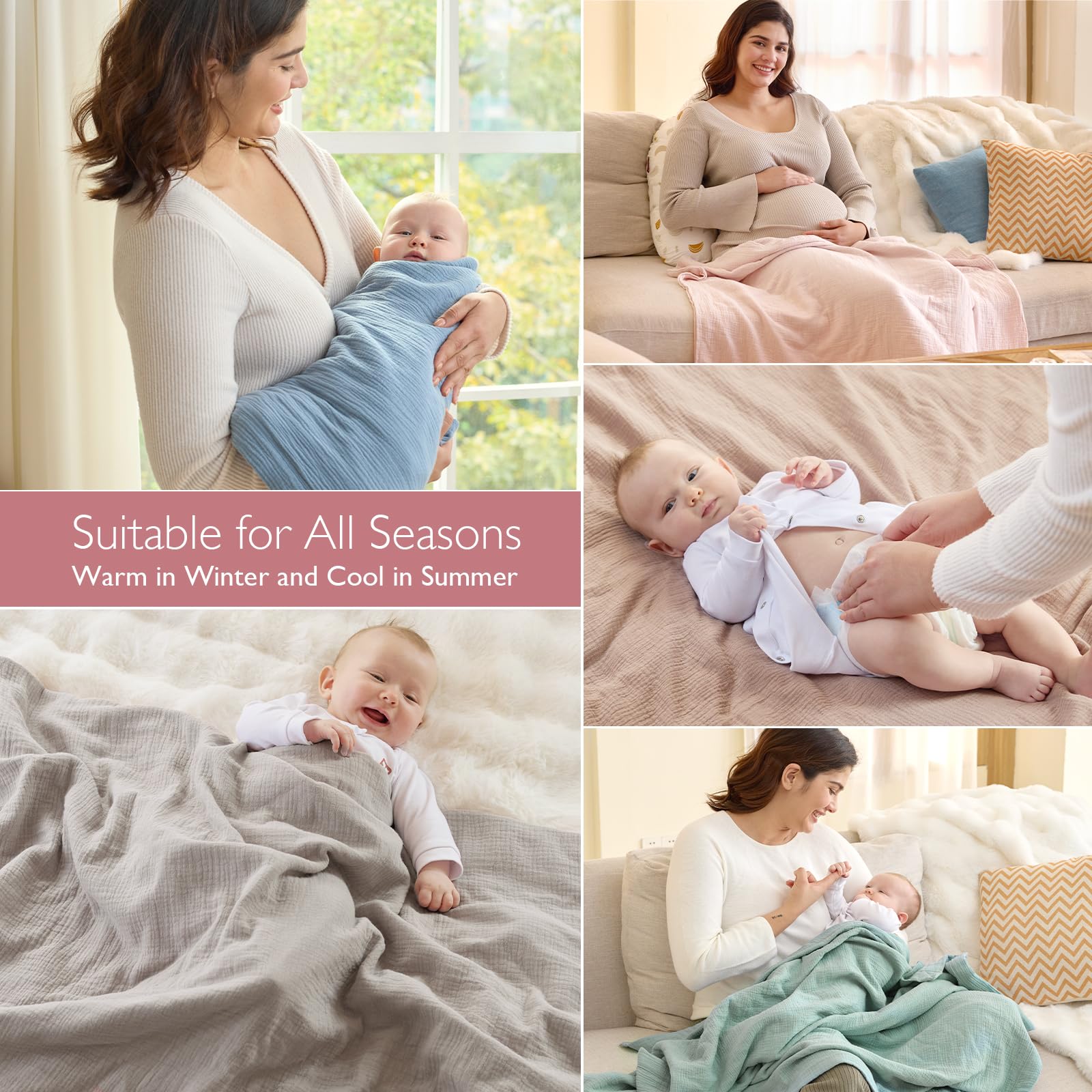 Momcozy Muslin Quilt Blanket - Soft, Breathable 100% Natural Cotton Baby Blanket for Crib, Bassinet & Toddler Bed (47''x47'') - Gender Neutral Nursery Blanket, 4-Layer Swaddle & Receiving Blanket in Blush - Perfect for Swaddling, Nursing & Playtime
