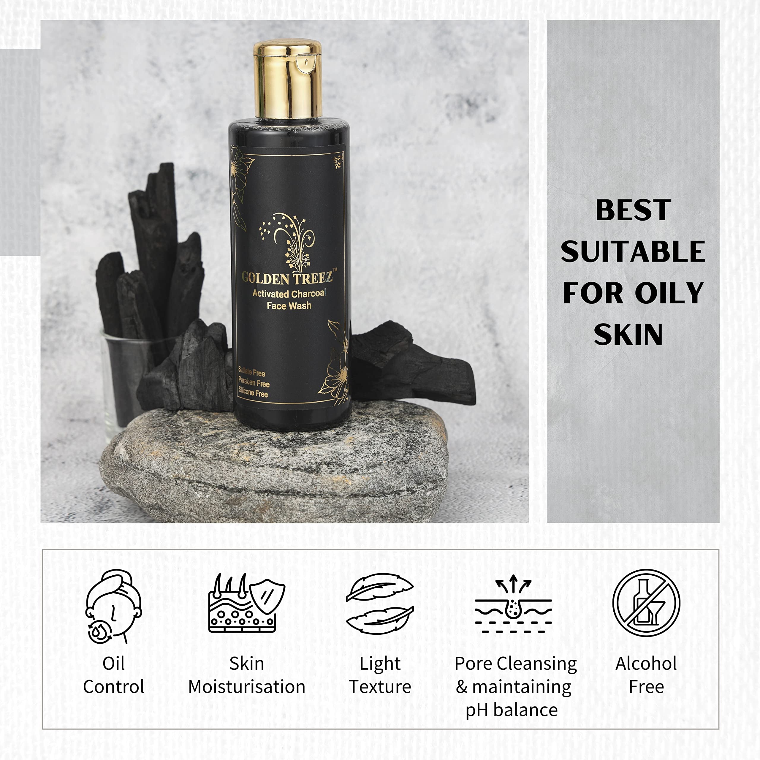 Golden Treez Charcoal Face Wash for Men & Women with Aloe Vera & Activated Charcoal - Natural, Paraben & Sulfate Free Cleanser for Oily Skin, Acne & Tan Removal - Skin Brightening Facial Wash - 210ml - Perfect for Daily Skincare & Deep Cleansing Routine