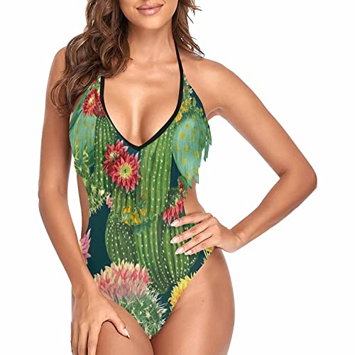 InterestPrint Women's Sexy Cut-Out Side Waist Halter Monokini Swimwear - Fringe V Neck Bikini with Balloon Print for Beach & Pool Party | Summer Vacation Swim Suit