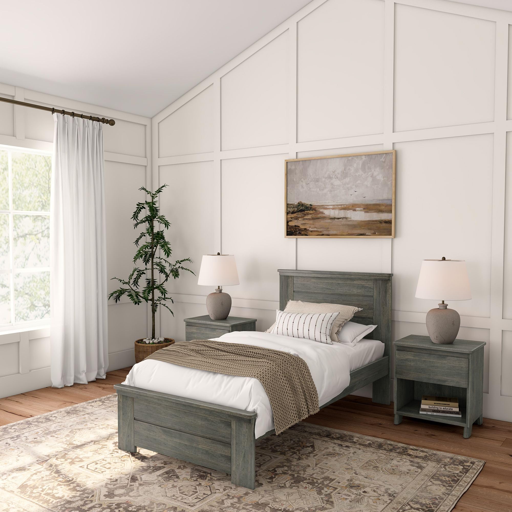 Plank+Beam Rustic Wood Twin Bed Frame - Solid Wood Platform Bed with Headboard in Driftwood Finish | Perfect for Farmhouse, Cottage & Coastal Bedroom Decor
