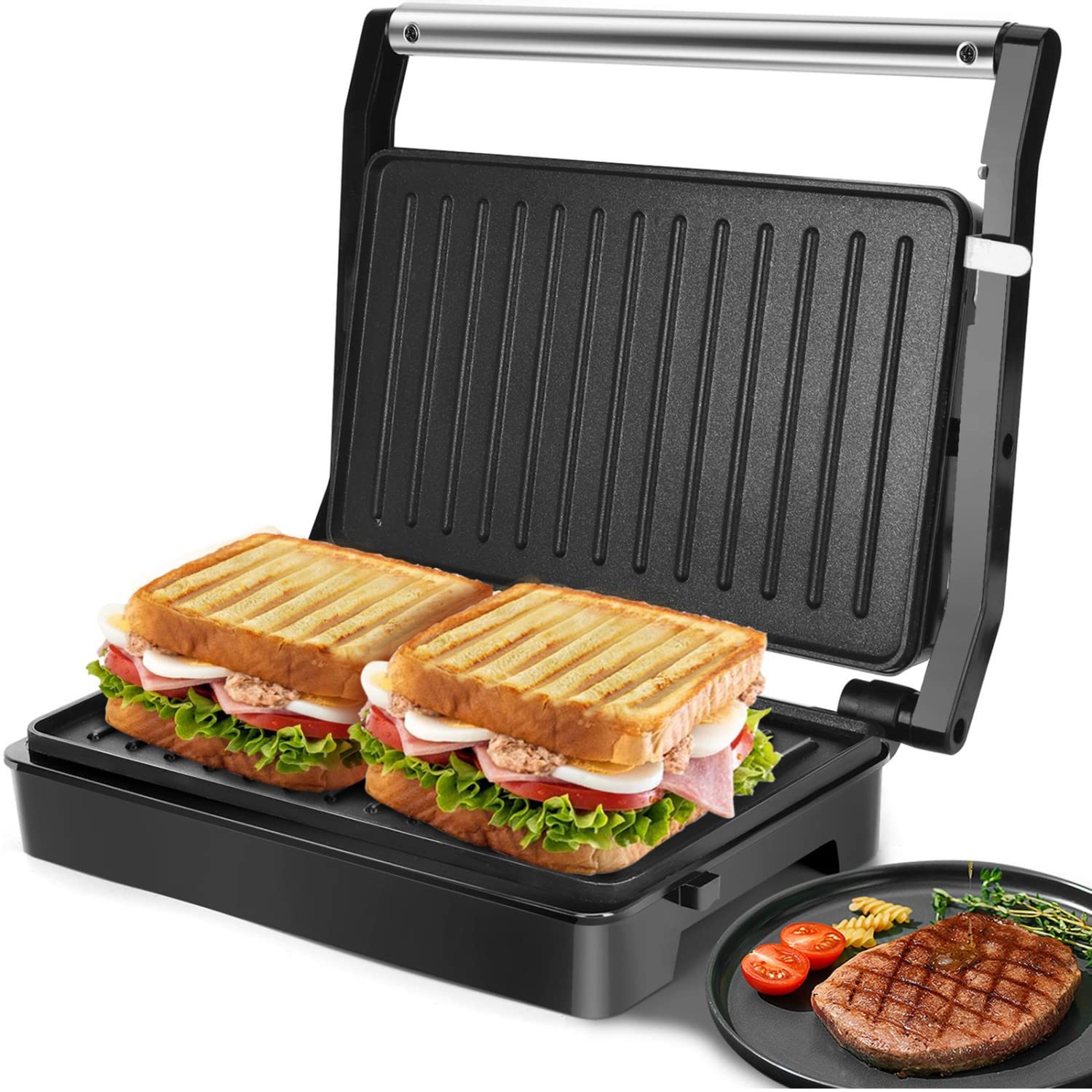 Aigostar 1000W Electric Panini Press Grill - Non-Stick Double Flat Cooking Plates, Indicator Light, Locking Lid & Cool-Touch Handle - Perfect for Sandwiches, Paninis & Indoor Grilling - Easy to Clean & Store Compact Design