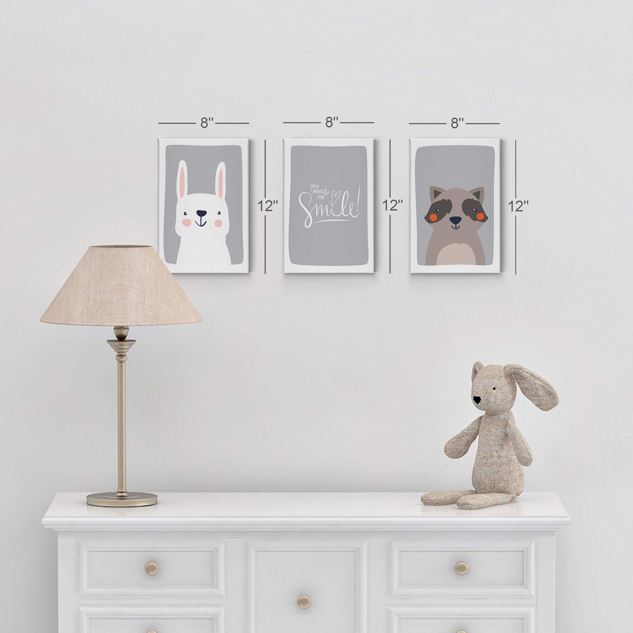 Cute Rabbit & Raccoon Canvas Wall Art Set - 3 Piece Nursery Decor with Inspirational Quotes on Gray Background - Ready to Hang Kids Room Decor for Boys & Girls (22x15 Inches Each) - Perfect for Baby Rooms, Playrooms & Nursery Wall Decor - Made in USA