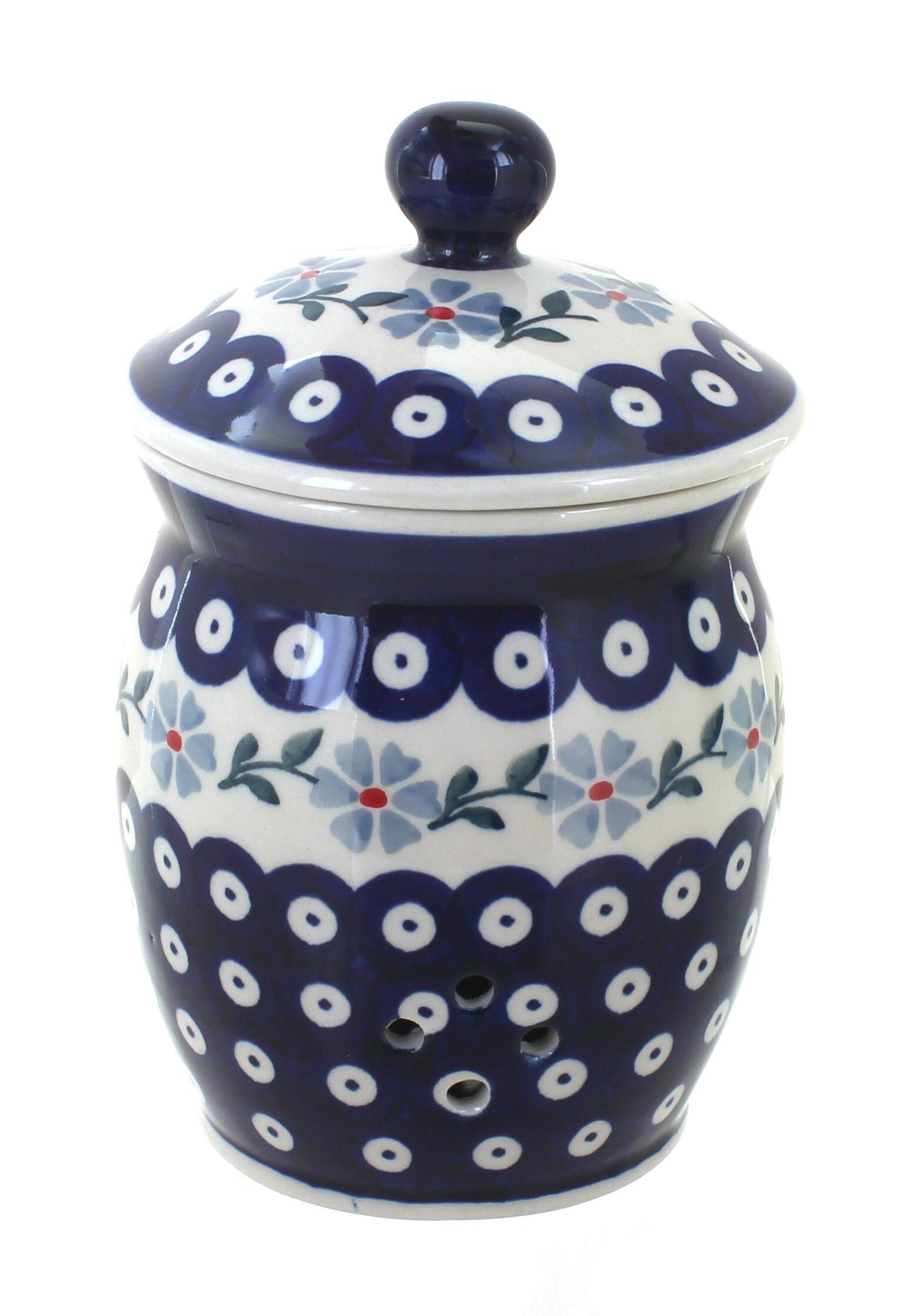 Handmade Blue Rose Polish Pottery Garlic Keeper - Elegant Blue Violet Ceramic Garlic Storage for Kitchen, Dining Room Decor