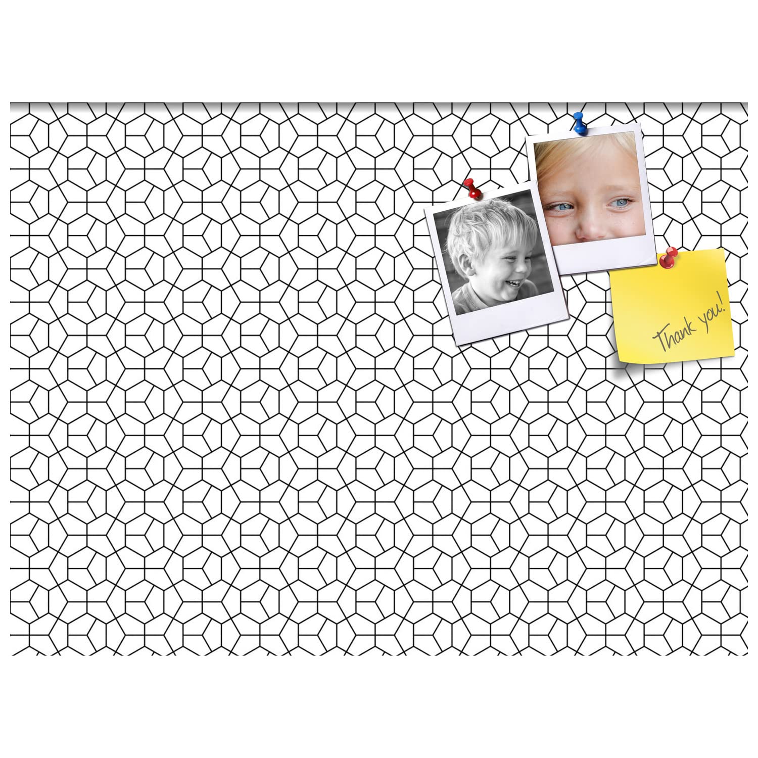 PinPix 32x24 Inch Cork Bulletin Board with Modern Hex Black Design & Satin White Frame - Wall Mounted Memo Board for Home Office Decor, School Classroom, Dorm Room Organization & Message Display (PinPix-1539)