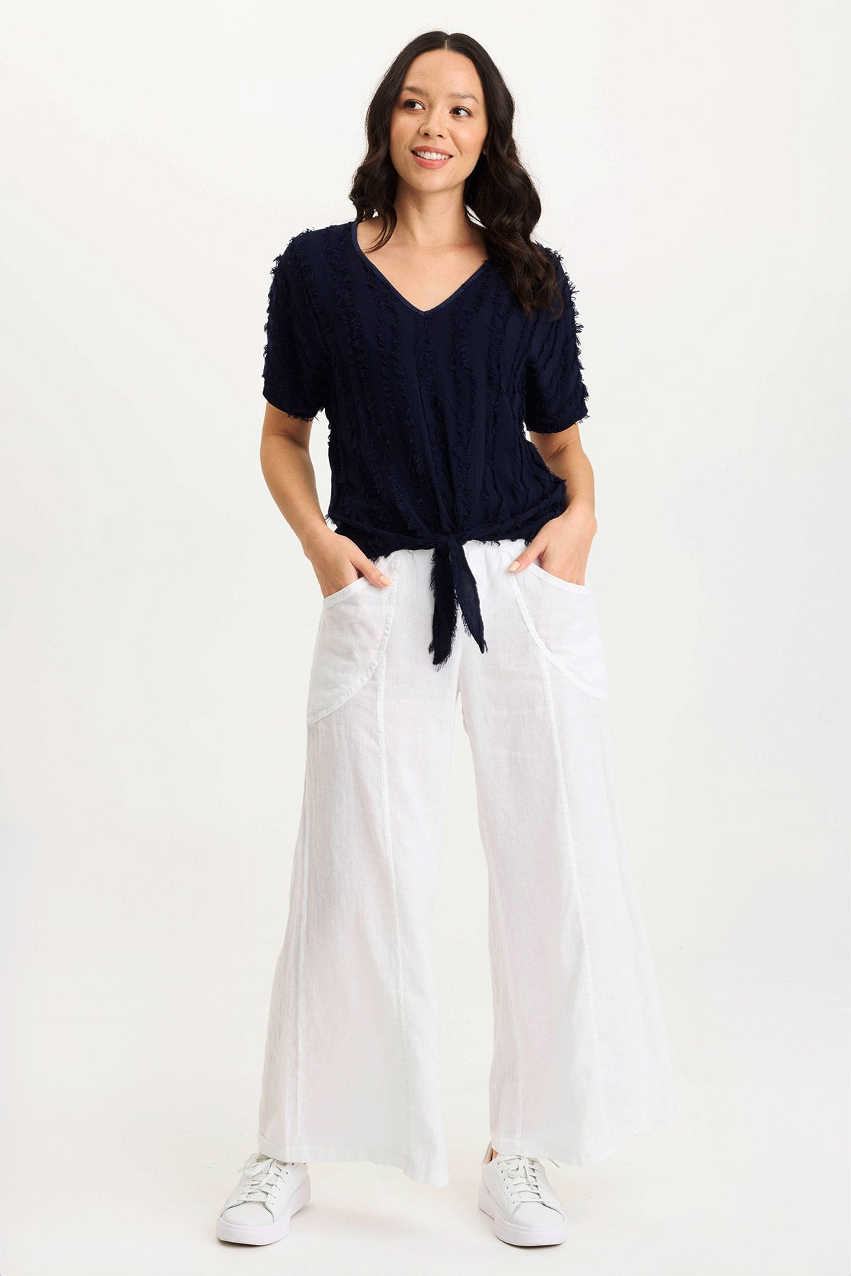 Curine Striped Voile & Jersey Knotted V-Neck Top for Women - Casual Summer Blouse for Beach, Party & Everyday Wear