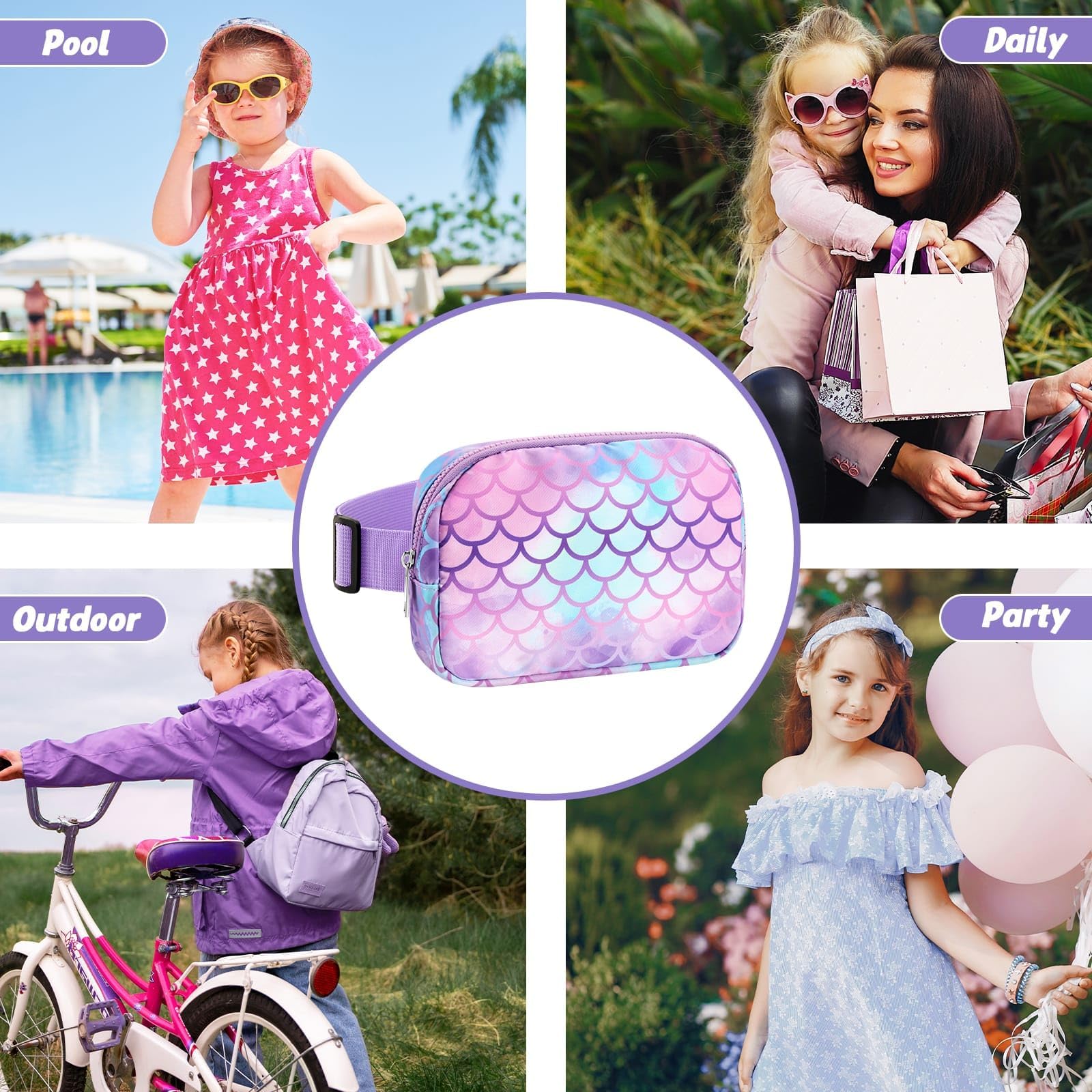 **Mermaid Fanny Pack for Kids - Adjustable Waist Bag (20-35.5 Inch) with Multiple Compartments | Crossbody Purse for Girls, Sports & Running | Perfect Gift for Active Children**    *(Great for Outdoor Play, Travel, Sports, and Everyday Adventures!)*