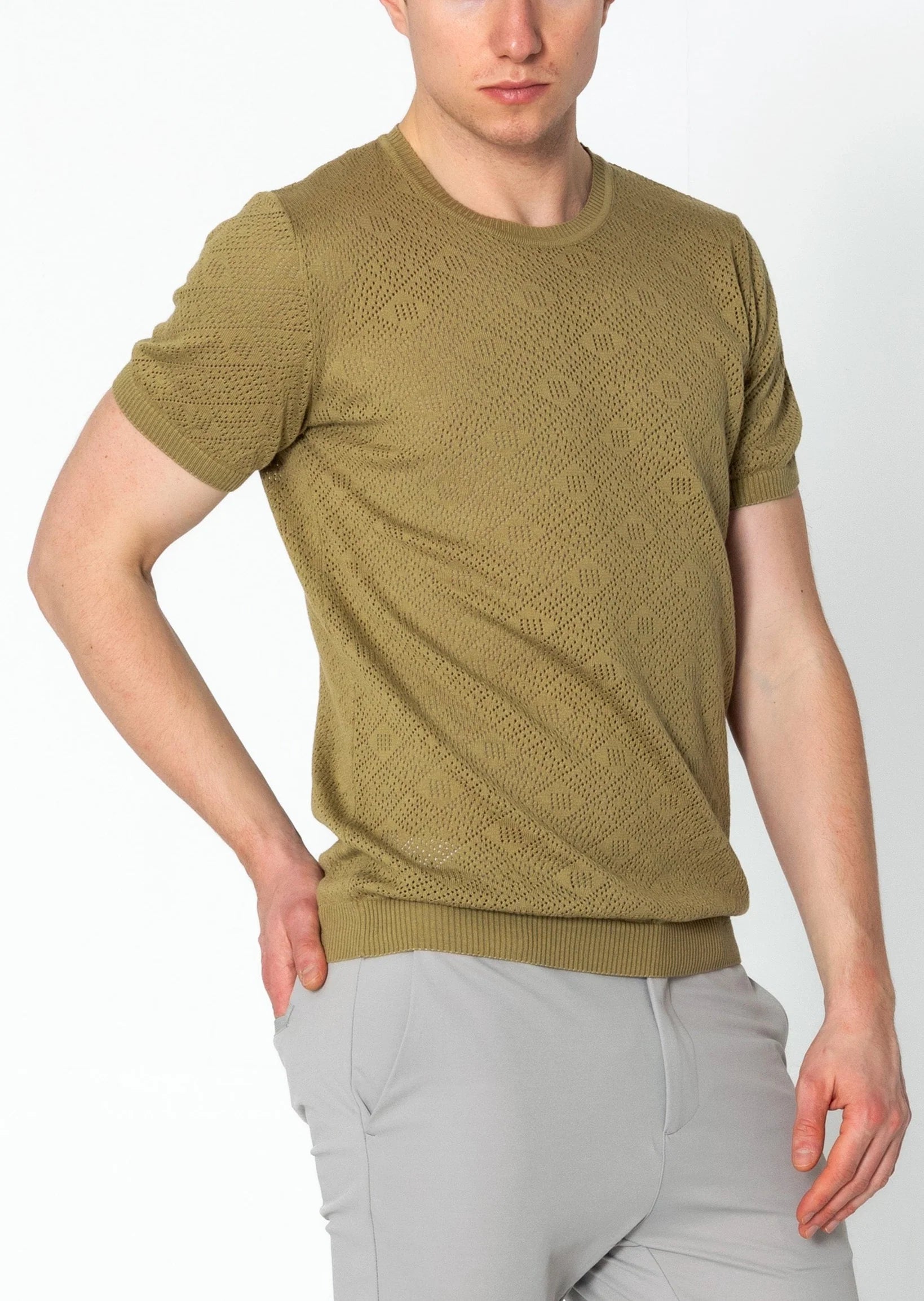 RNT23 Geometric Crochet T-Shirt for Women - Stylish Green Summer Top for Casual Outings & Beach Wear