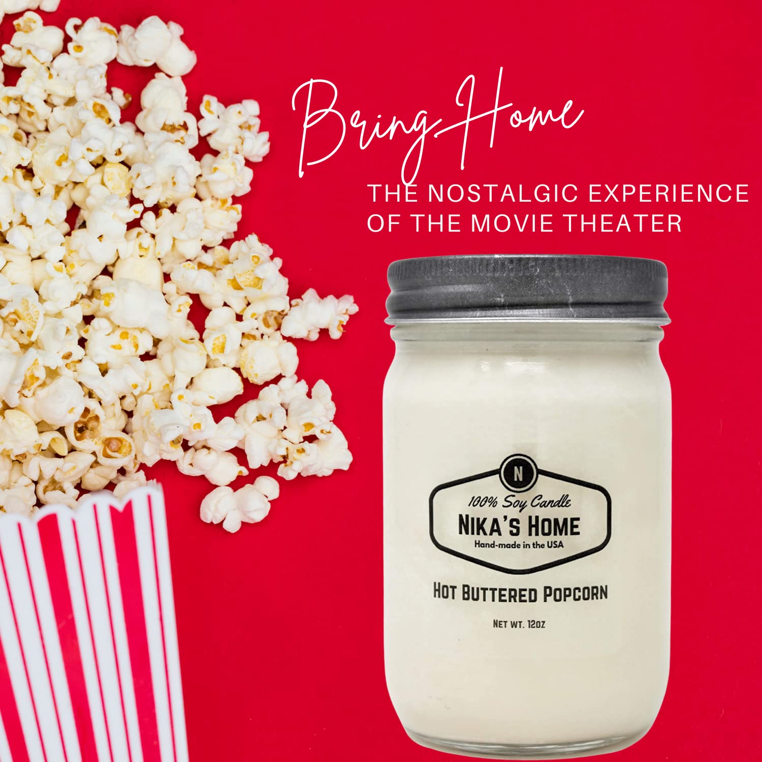 Nika's Home Hot Buttered Popcorn Scented Soy Candle - 12oz Mason Jar, Non-Toxic, Handmade, Long-Lasting 50-60 Hours - All Natural Clean Burning Candle for Home Decor, Gift Giving & Cozy Movie Nights
