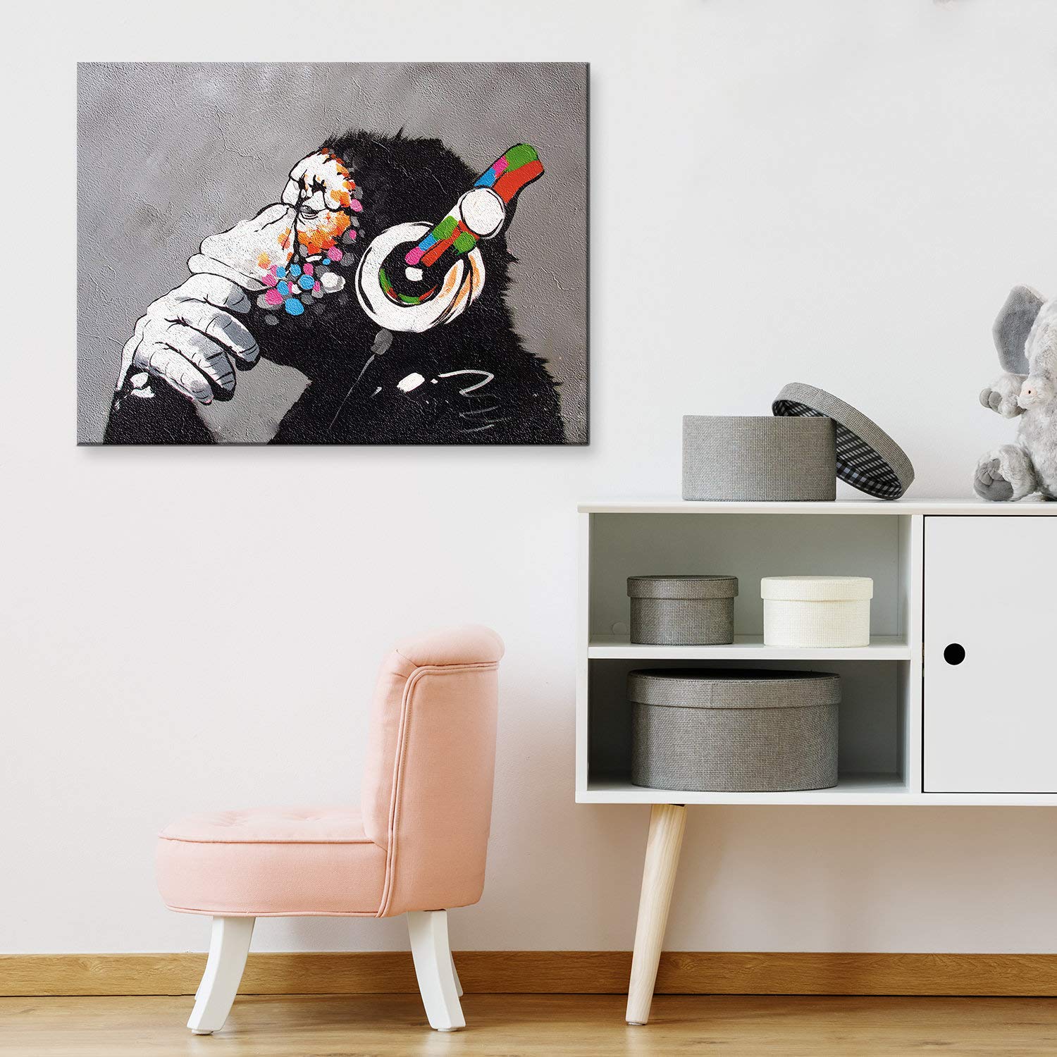 Thinking Monkey Headphones Canvas Wall Art Print - Banksy DJ Gorilla Thinker Nursery Decor | Large Framed Music Graffiti Art for Bedroom & Living Room | Funny Street Art Gift for Music Lovers & Urban Style