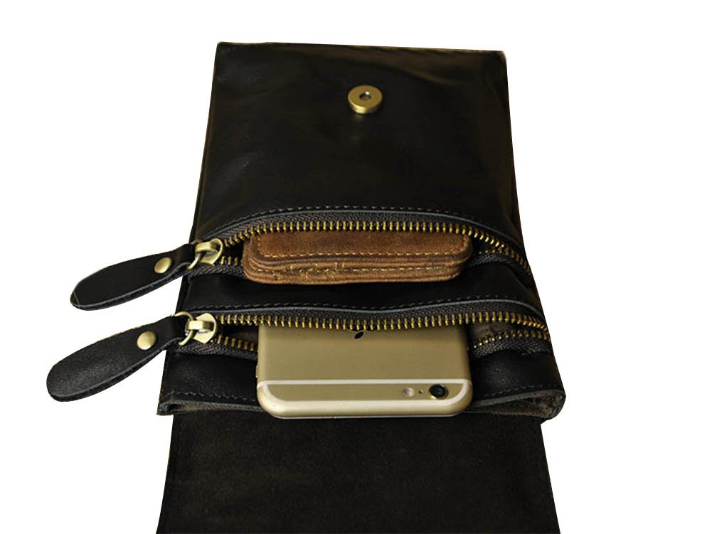Genuine Leather Men's Waist Pack Bag - Small Satchel Crossbody Bag for Travel, Hiking & Everyday Use (Black)