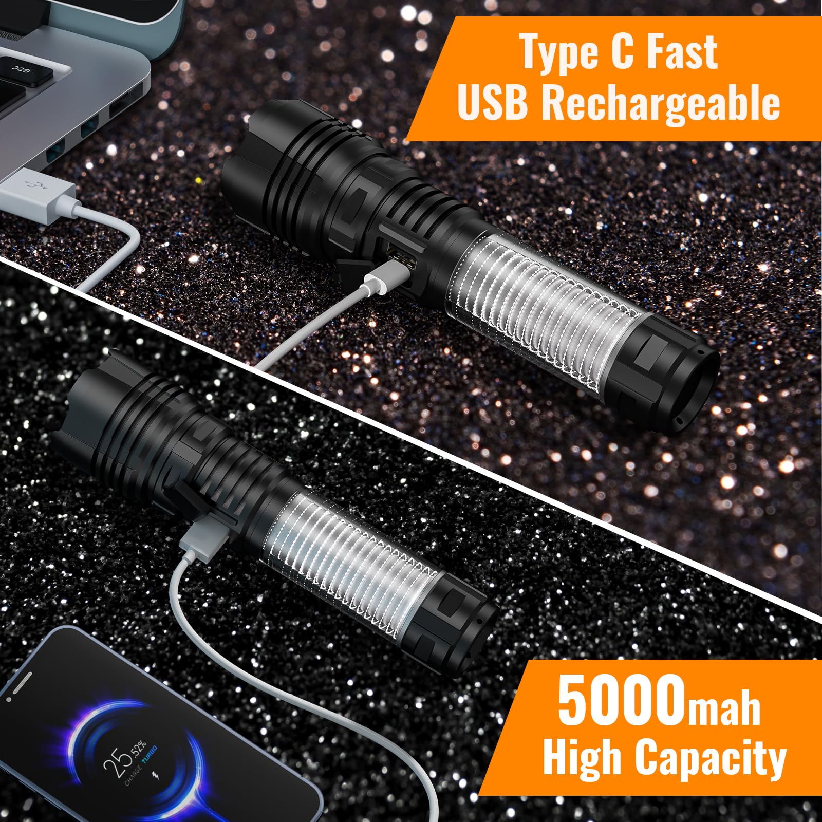 Super Bright LED Flashlight 100000 Lumens - Waterproof Zoomable for Camping & Hiking