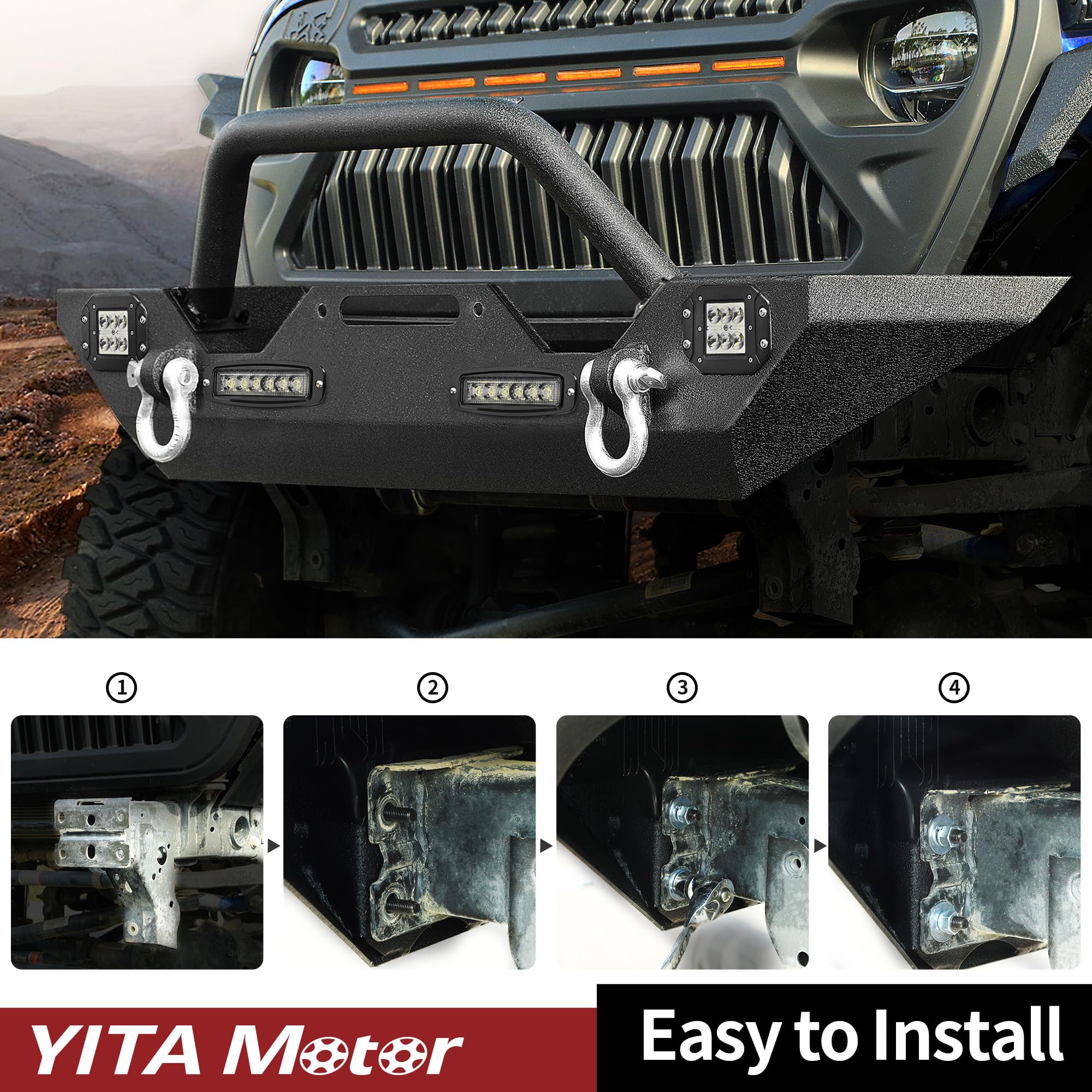 YITAMOTOR Heavy Duty Front Bumper for 2018-2025 Jeep Wrangler JL & 2020-2025 Jeep Gladiator - Rock Crawler Off-Road Bumper with 4 LED Lights & 2 D-Rings - Perfect for Off-Roading, Trail Riding & Jeep Modifications