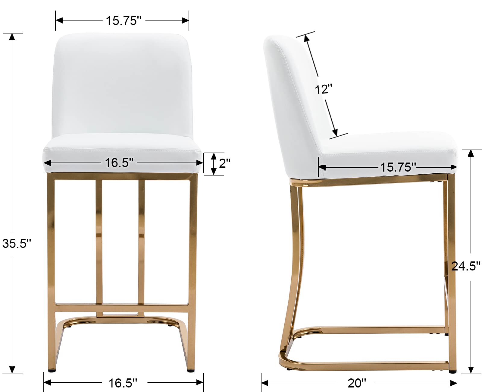 Wahson 24 Inch Gold Bar Stools Set of 2 - Faux Leather Upholstered Counter Height Stools with Golden Metal Frame - Modern White Fabric Bar Stools for Kitchen Island, Dining Room, Breakfast Nook & Home Bar Decor