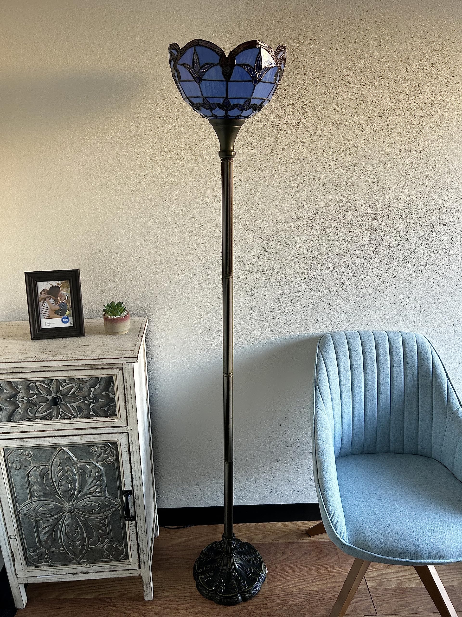 Tiffany Torch Floor Lamp with Blue Stained Glass - Baroque Style LED Floor Light with Included Lavender Bulb for Living Room, Bedroom, Office Decor - 66