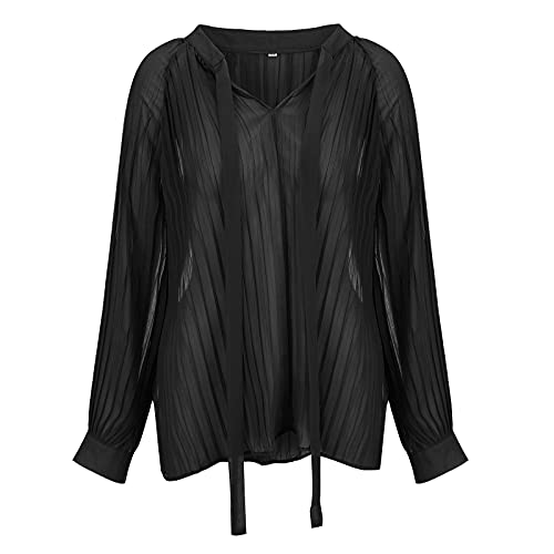 Women's White Chiffon V-Neck Blouse with Pleated Detail & Batwing Sleeves - Casual Loose Fit Button Down Shirt for Work, Office, Date Night and Everyday Wear (Black, Medium)
