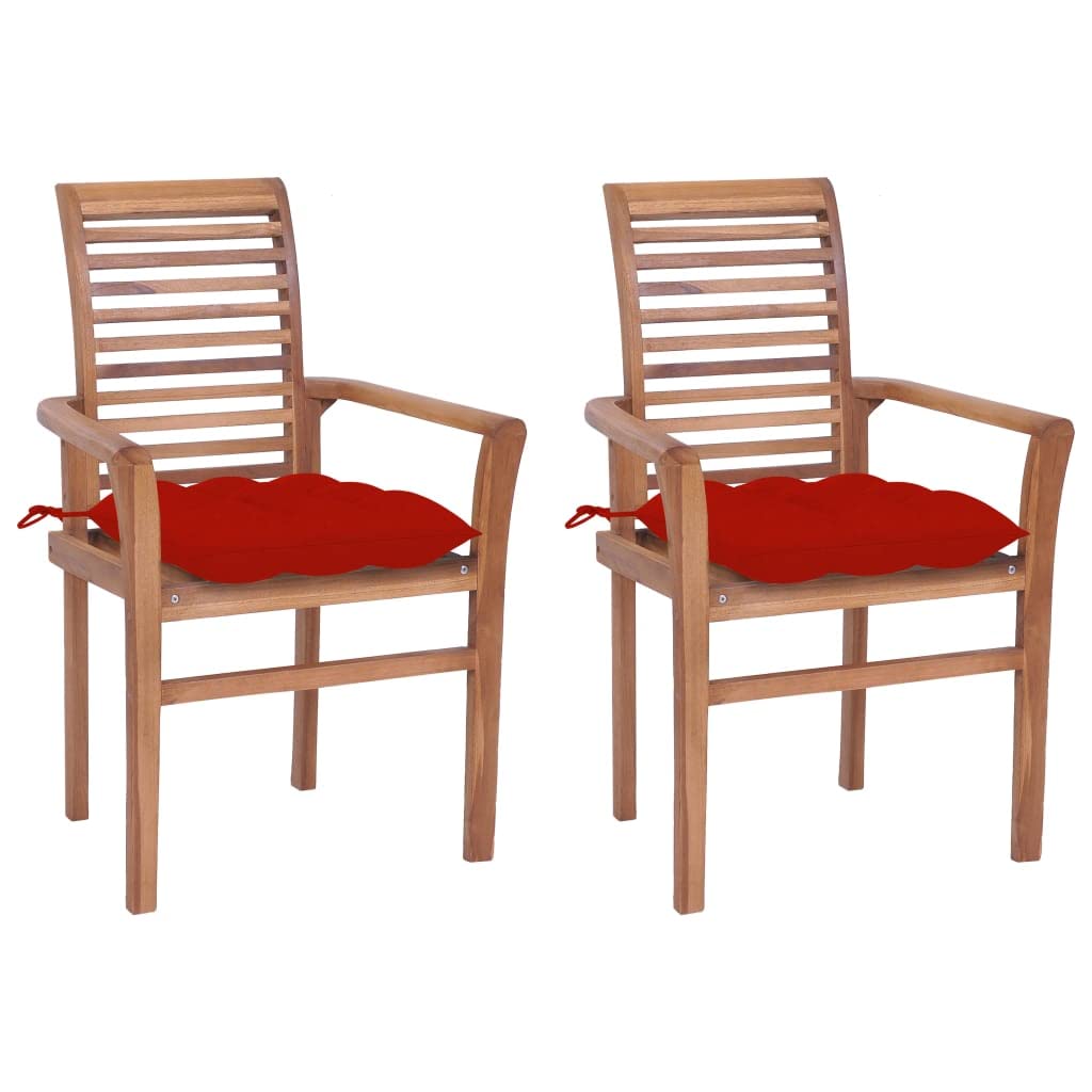 SKM Solid Teak Wood Dining Chairs Set of 2 with Red Cushions - Modern Kitchen & Dining Room Furniture for Home Decor