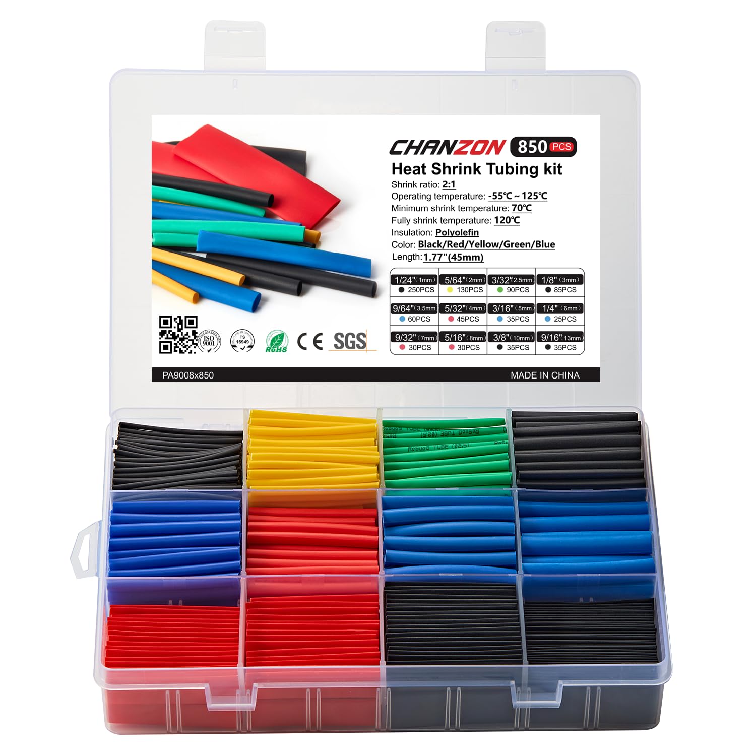 Chanzon 850 Pcs Heat Shrink Tubing Kit - 2:1 Ratio Multi-Color Polyolefin Shrink Wrap Tubing (1.77 Inch Length) for Wire Insulation, Cable Protection & DIY Electronics Projects - Waterproof Electrical Sleeving for Home, Automotive & Industrial Use