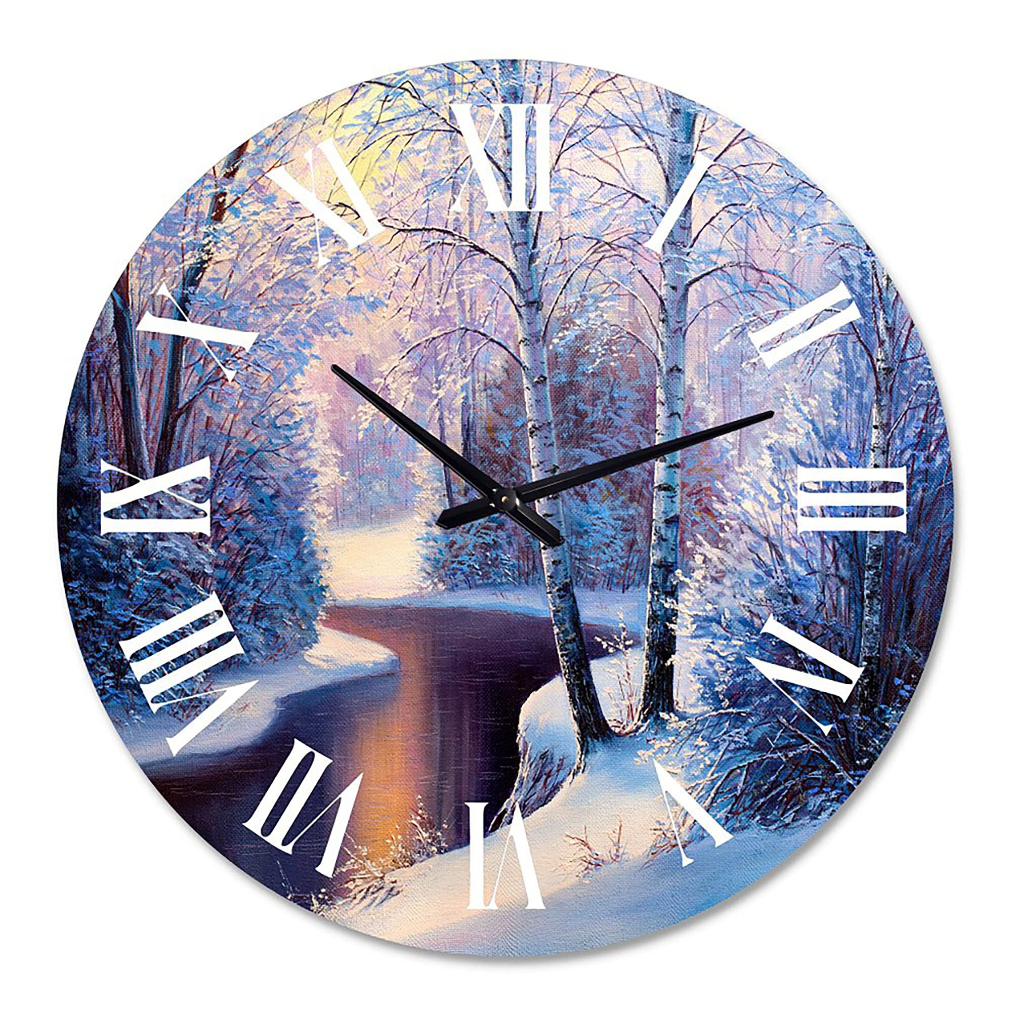 DesignQ Traditional Wall Clock - Christmas Forest with River and Trees Landscape Nature Large Wall Clock for Living Room Decor | Perfect for Holiday Home Décor, Office, Bedroom & Gift Giving