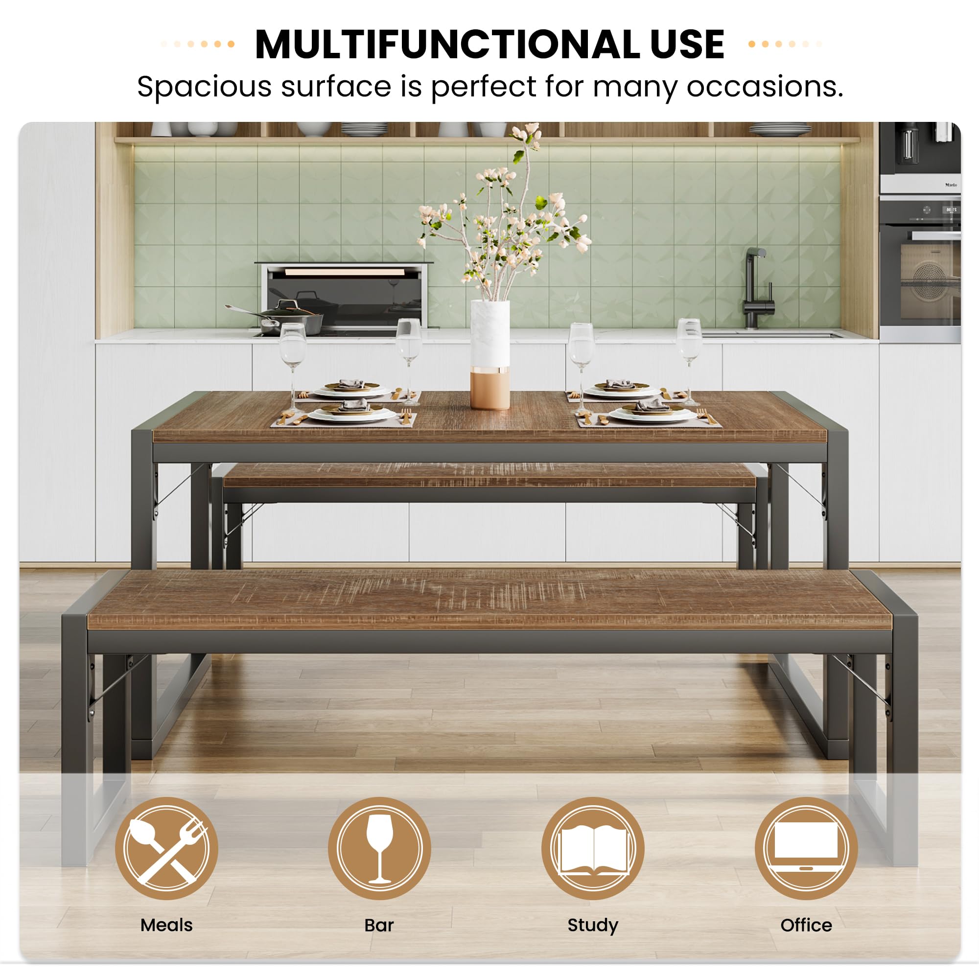 Rustic SHA CERLIN 4-Piece Kitchen Dining Table Set with Benches - Space Saving Small Dinette, Heavy Duty Metal Frame - Perfect for Apartments, Small Kitchens & Cozy Dining Spaces
