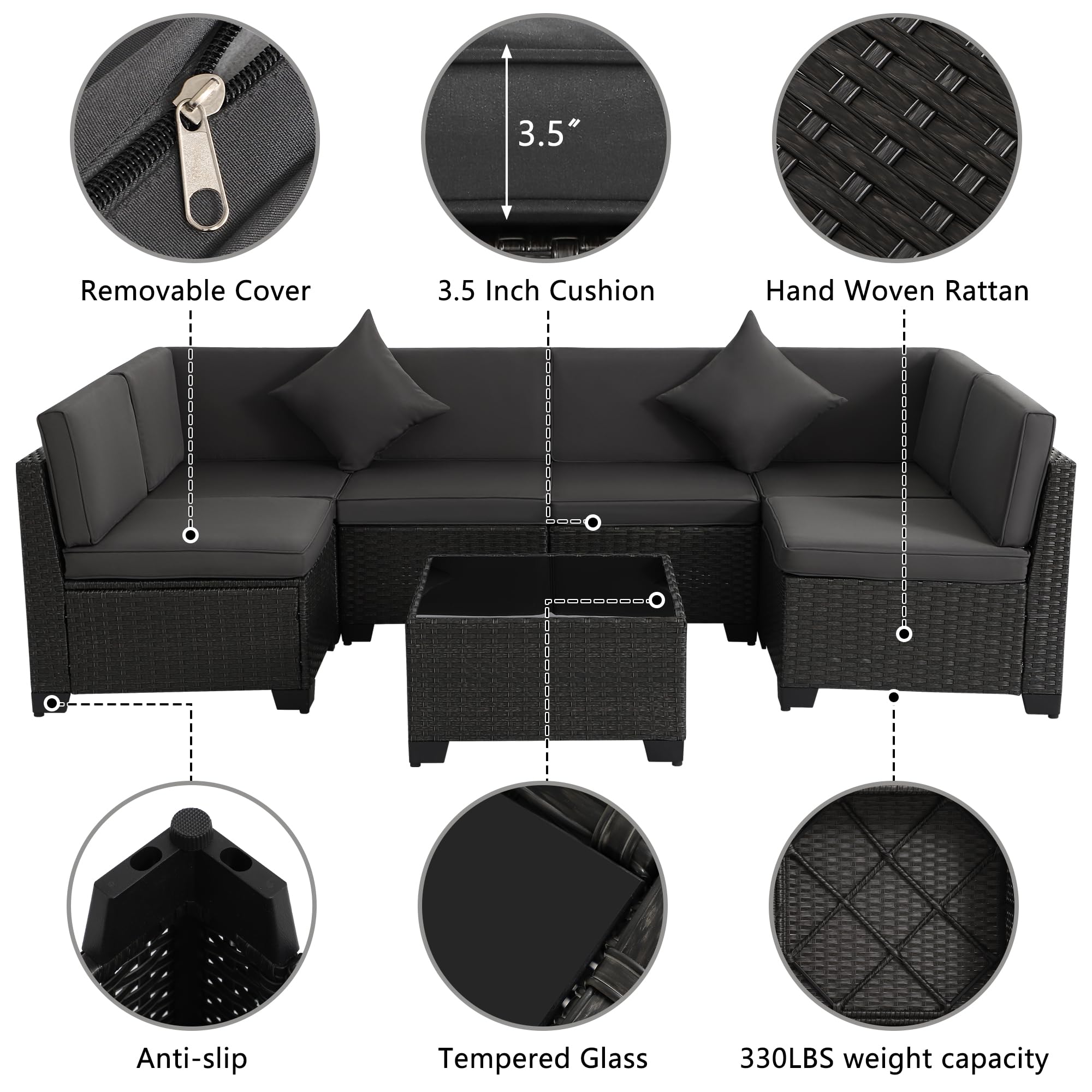 **KIGOTY 7-Piece Modular Outdoor Sectional Sofa Set - All-Weather PE Wicker Patio Furniture with Cushions & Glass Coffee Table (Green Cushions, Gray) - Perfect for Backyard, Poolside, or Garden Relaxation**