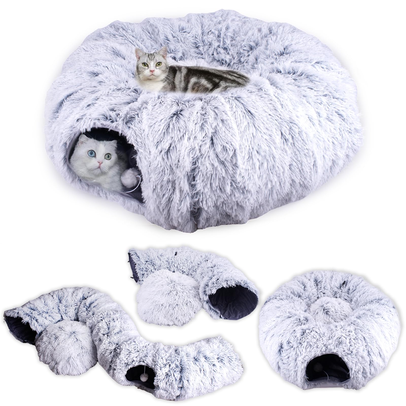 Washable Plush Cat Tunnel Bed for Indoor Cats - Large Donut Tunnel with Peekaboo Cave & Cushion | 3-in-1 Cat Toy, Bed & Play Tunnel for Cats & Rabbits (Gray) - Perfect for Playtime, Napping & Hide-and-Seek