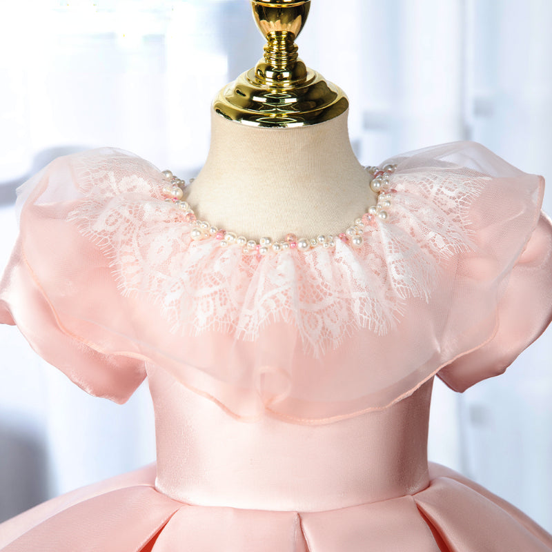 Elegant Pink Puff Sleeve Princess Dress for Baby Girls - First Communion Dress for Toddlers - Perfect for Church Ceremonies, Baptisms, and Special Occasions