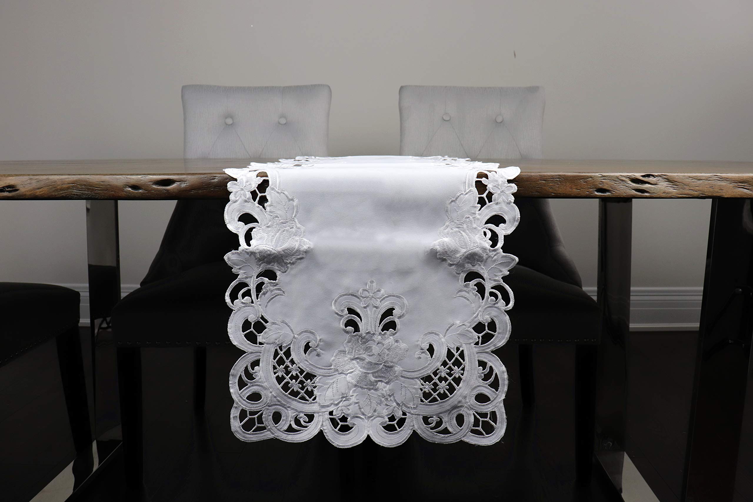 Vintage Embroidered Cutwork Table Runner & Dresser Scarf - Elegant White Linen with Shiny Rose Floral Design (16x90 Inch) for Dining Table, Kitchen Buffet, Wedding Decor & Home Centerpiece