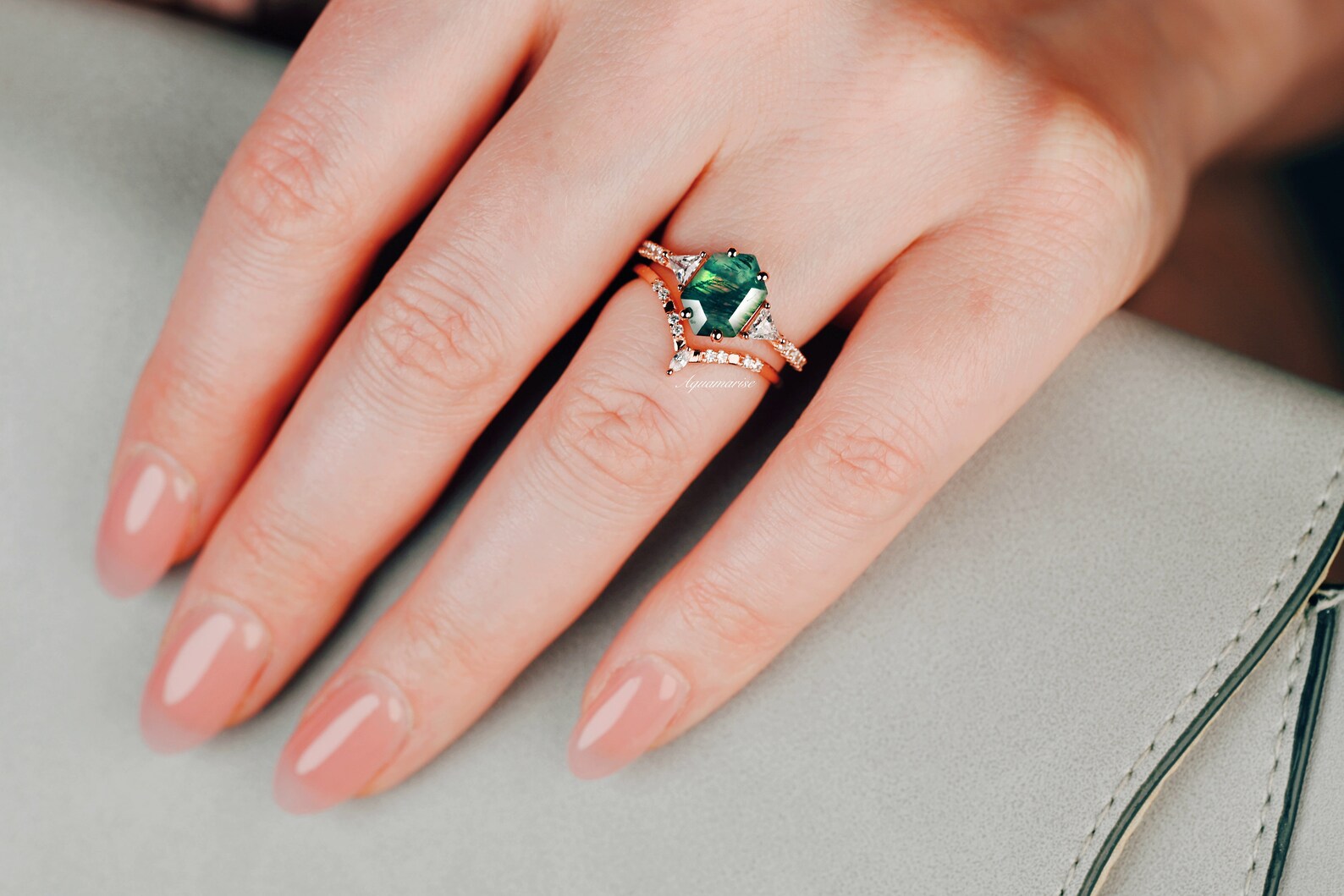 Hexagon Green Moss Agate Ring Set - 14K Rose Gold Vermeil Jewelry for Women, Elegant Stackable Rings for Everyday Wear, Gift for Her, Birthday & Anniversary Present