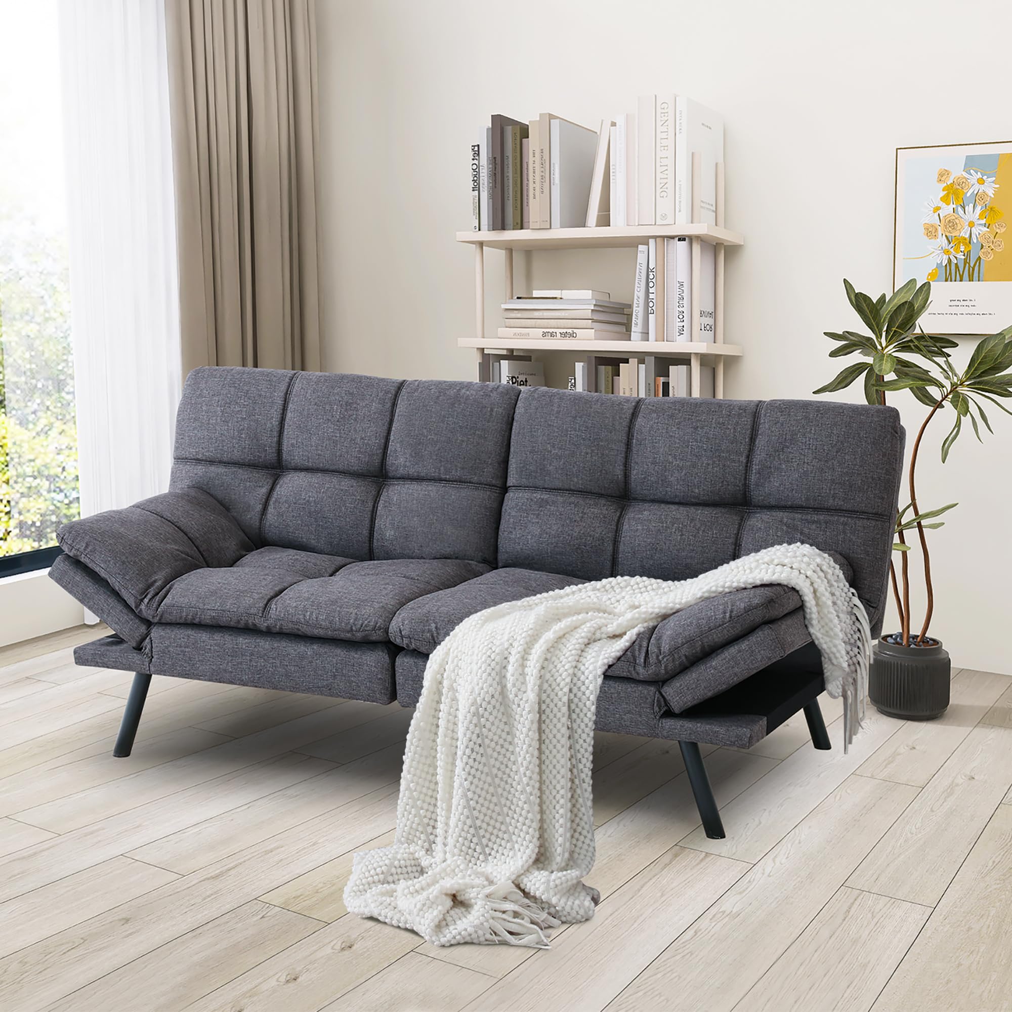 Hcore Convertible Futon Sofa Bed with Memory Foam - Modern Splitback Loveseat Sleeper for Living Room, Office & Apartment - Classic Grey Polyester Fabric | Perfect for Small Spaces, Guest Rooms & Studio Apartments
