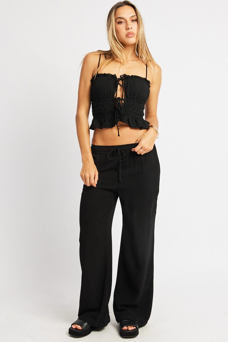 Black Cami Top Sleeveless Tie Front Linen Blend Women's Summer Casual Shirt - Perfect for Beach Outings, Date Nights & Layering