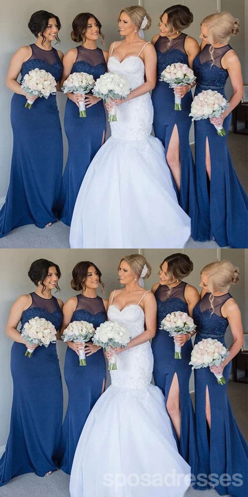**Elegant Illusion Blue Mermaid Bridesmaid Dress with Jewel Neckline & Side Slit - WG1589 | Perfect for Weddings, Prom, Evening Parties & Formal Events**
