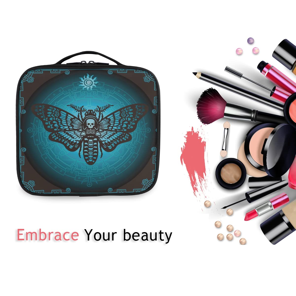 Gothic Skull & Butterfly Makeup Bag for Women - Travel Cosmetic Organizer with Adjustable Dividers | Waterproof Toiletry Bag for Vacation, Gym & Daily Use