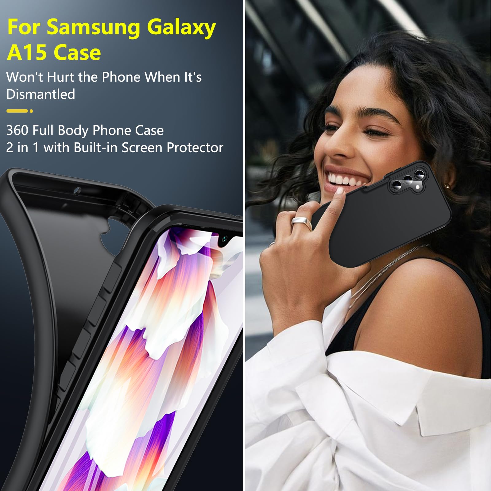 OWKEY Samsung A15 Case - Military Drop Protection with 9H Screen Protector for Daily Use