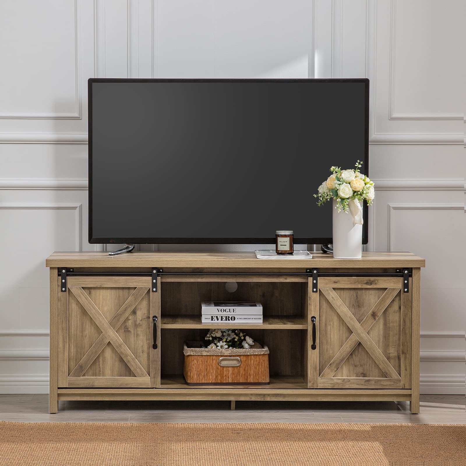 Rustic Farmhouse TV Stand with Sliding Barn Doors - 65 Inch Media Console with 2-Tier Storage Cabinets - Light Grey Entertainment Center for Living Room & Bedroom - Perfect for Home Theater Setup & Farmhouse Decor