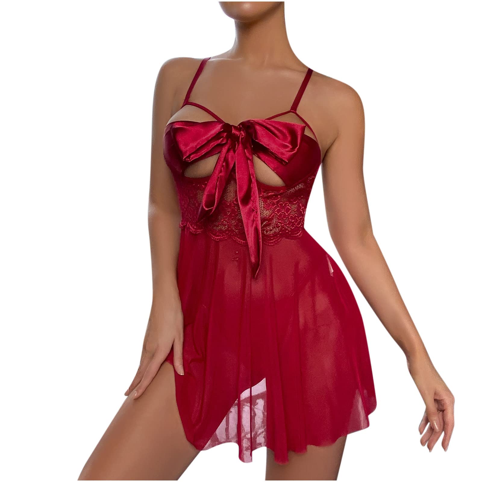 Sexy Lace Chemise Lingerie for Women - Bow Design Babydoll Nightgown with Backless & Cut Out Details | Perfect for Valentine's Day, Honeymoon & Romantic Nights