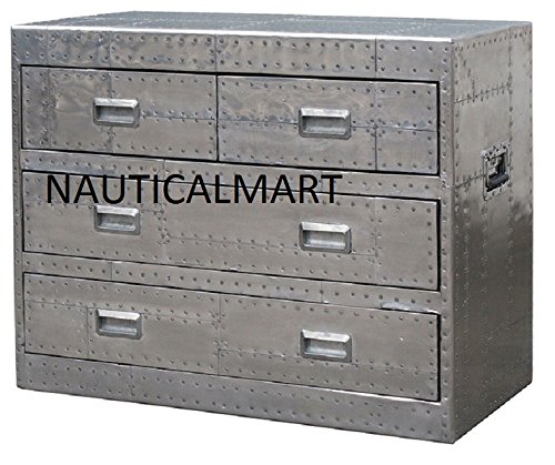 Vintage Spitfire Aluminum 4-Drawer Side Table - Aviator Style Nightstand for Bedroom, Living Room & Office - NauticalMart Retro Industrial Furniture for Home Decor