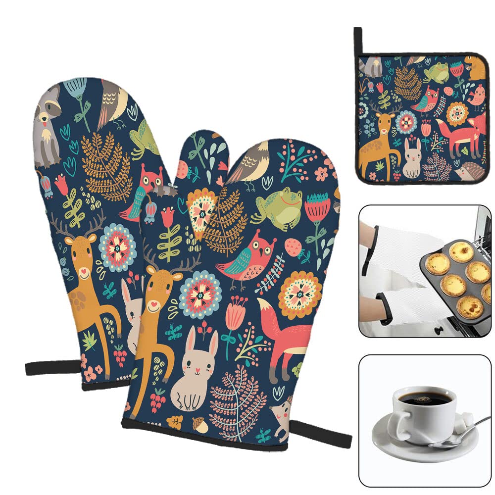Owl Deer Hedgehog Fox Oven Mitts and Pot Holders Set of 3 - Heat Resistant BBQ Gloves for Kitchen Cooking Baking Grilling - Perfect for Women Chefs & Home Cooks (Ideal for Holiday Gifts & Housewarming)