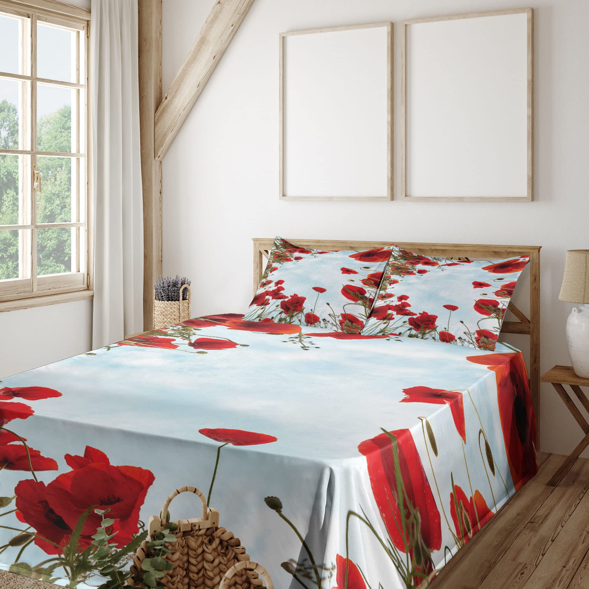 Ambesonne Poppy Flower Bed Sheet Set 4-Piece - King Size, Vermilion & Pale Blue, Tilt Shot Meadow & Herb Design - Fitted Sheet, Flat Sheet & 2 Pillowcases - Perfect for Boho & Farmhouse Bedroom Decor