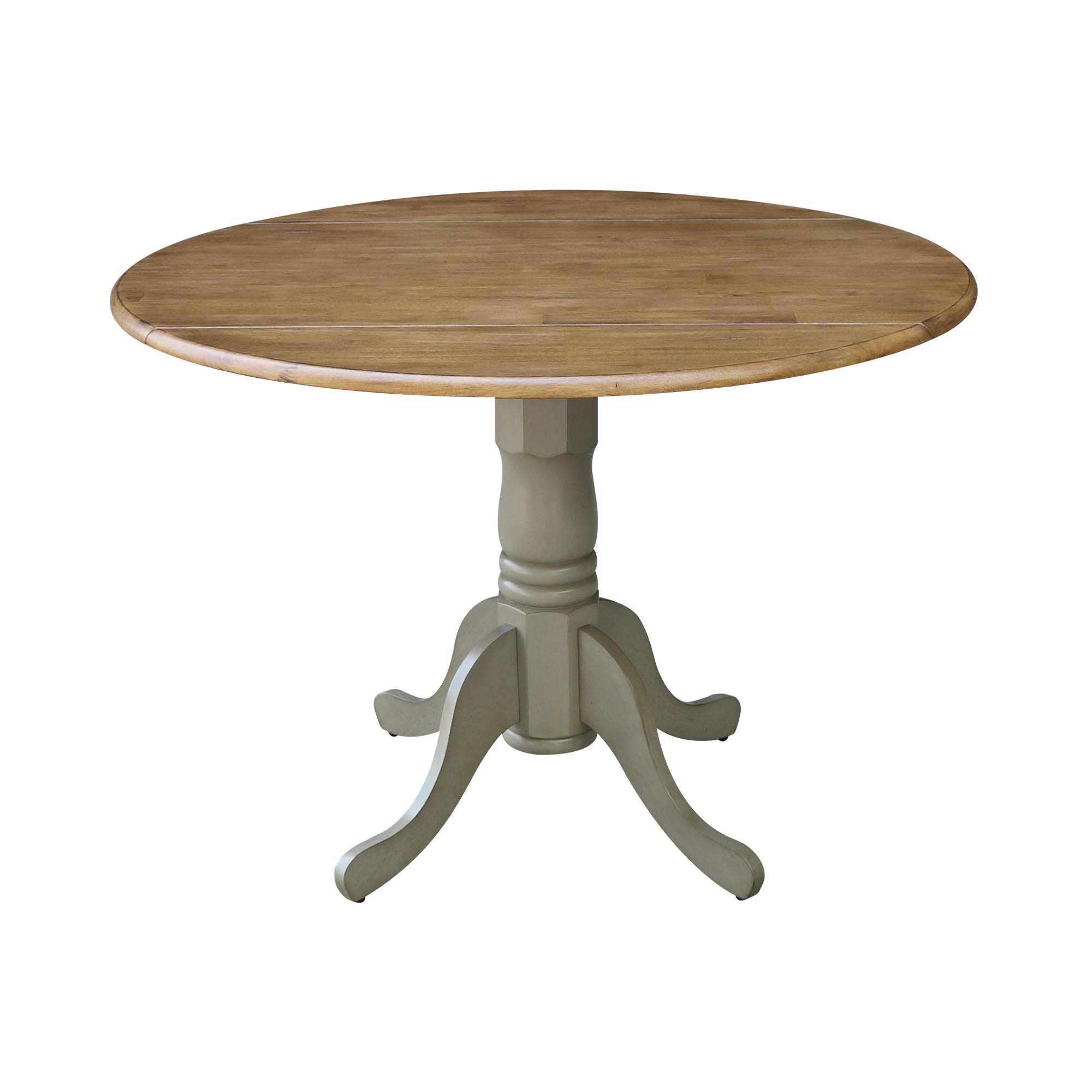 IC International Concepts 42-Inch Round Dual Drop Leaf Pedestal Dining Table - Solid Real Parawood with Distressed Hickory/Stone Finish | Perfect for Small Spaces, Kitchen Nooks & Cozy Dining Rooms