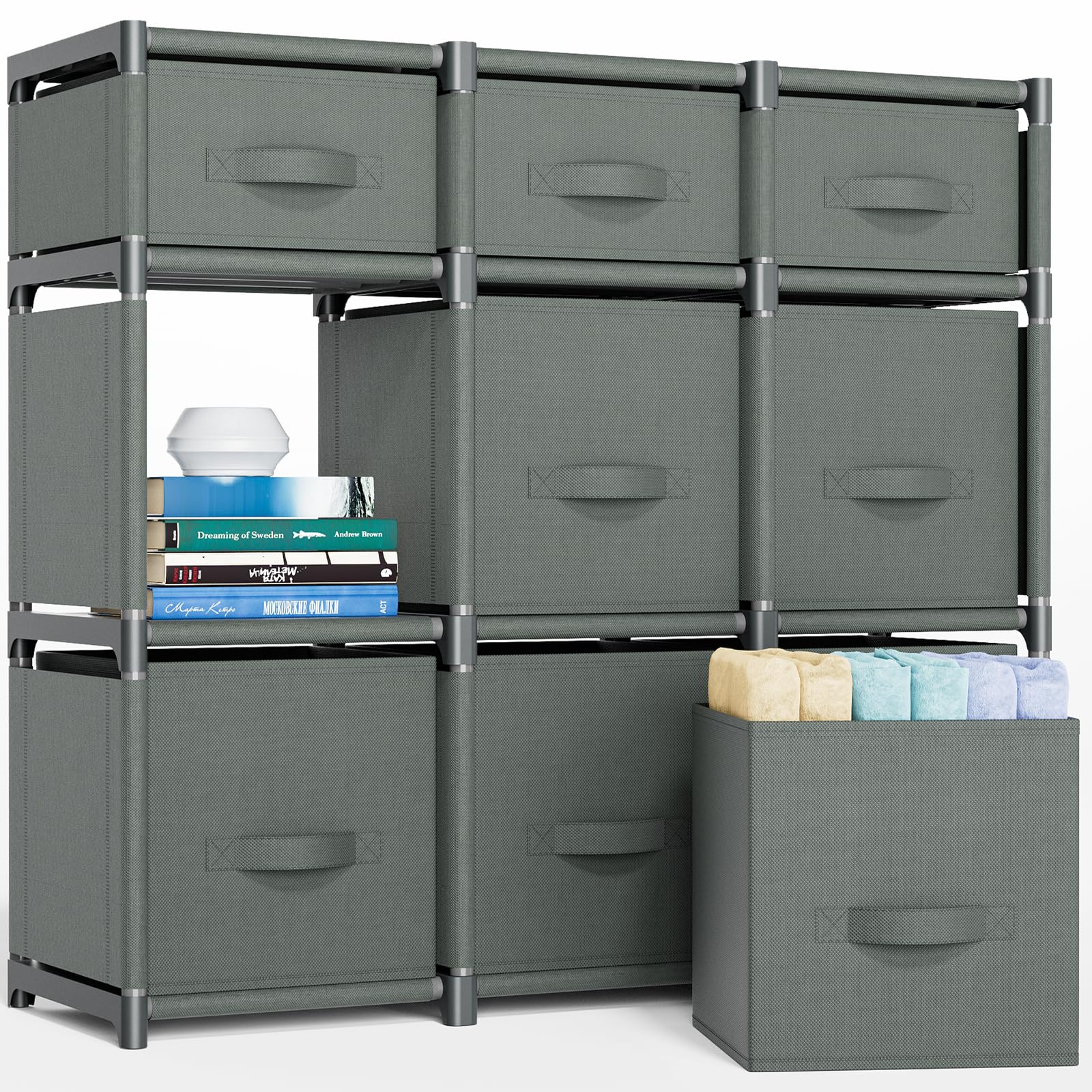 Mavivegue 9-Cube Storage Organizer Shelf with Drawers - Easy Assembly DIY Closet Organizer for Bedroom, Living Room, Dorm - Space Saving Home Organization Solution (Gray) - Perfect for Storing Clothes, Toys, Books & Home Decor