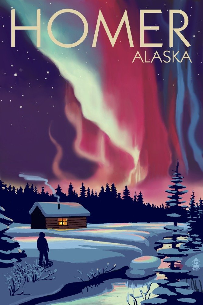 36x54 Giclee Gallery Print of Homer Alaska Northern Lights Cabin - Premium Travel Poster Wall Art Decor for Home, Office & Cabin Aesthetic
