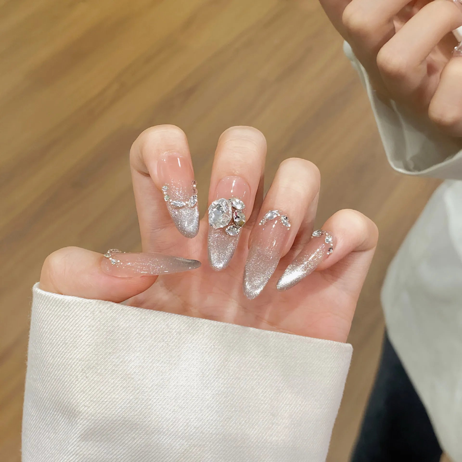 10Pcs Long Stiletto Cat Eye Press On Nails - Handmade Gel False Nails with Shiny Diamond & Leopard Print Design | Perfect for Parties, Weddings, and Special Occasions