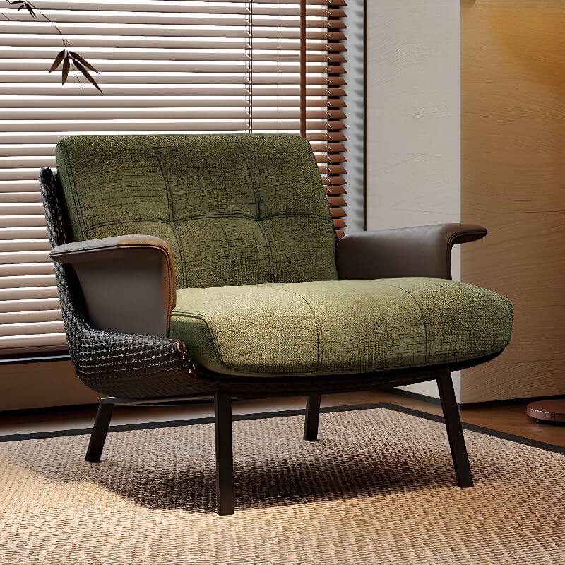 Minimalist Solid Color Armchair with Cushion Back & Stitched Armrest - Midnight Black/Ivory/Olive Green - Perfect for Living Room, Office or Reading Nook