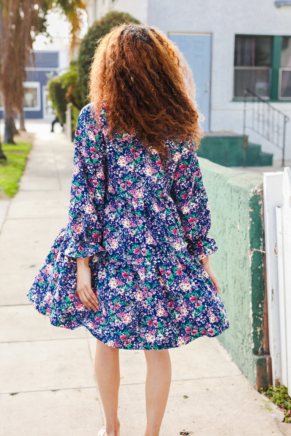 Joyful Navy Floral Bow Tie Babydoll Long Ruffle Sleeve Dress for Women - Elegant Party, Wedding Guest & Special Occasion Outfit