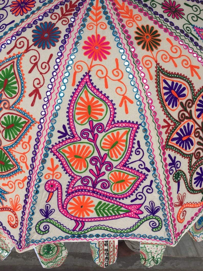 Handmade Indian Cotton Beach Umbrella with UV Protection - Boho Embroidery Sun Umbrella Parasol (White) for Beach, Poolside, and Outdoor Relaxation