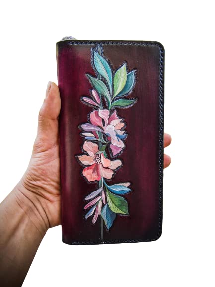 Men's 3D Genuine Leather Wallet - Floral Carved Zip Biker Clutch Wallet with Airbrush Art | Handmade Custom Personalized Tooled Leather Wallet for Everyday Use, Travel & Gift Giving