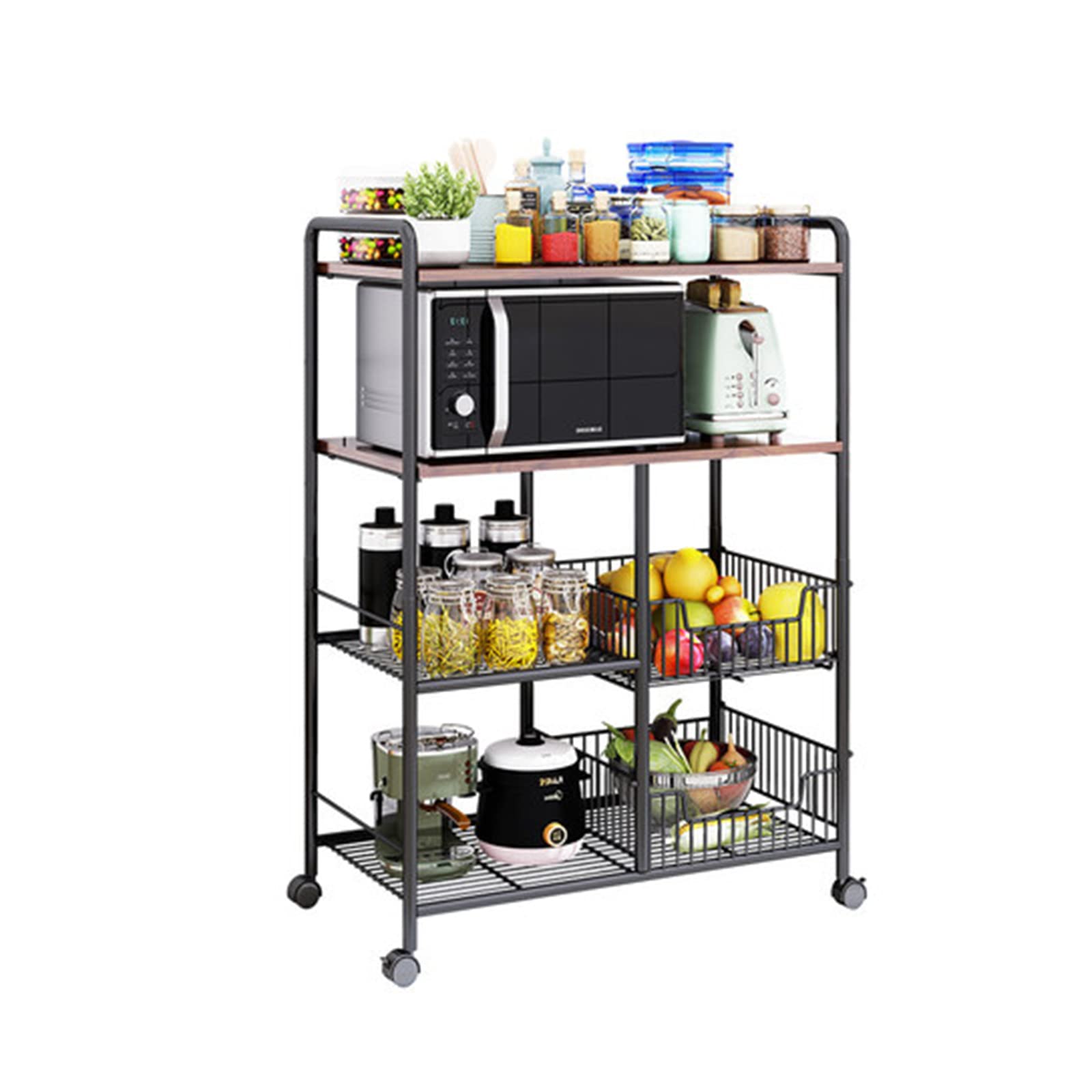 4-Tier Bakers Rack with Wheels & Hooks - Rolling Kitchen Storage Shelf with Mesh Baskets, Microwave Stand for Coffee Bar, Pantry Organization & Small Space Workstation - Perfect for Kitchen, Dining Room & Home Office Storage
