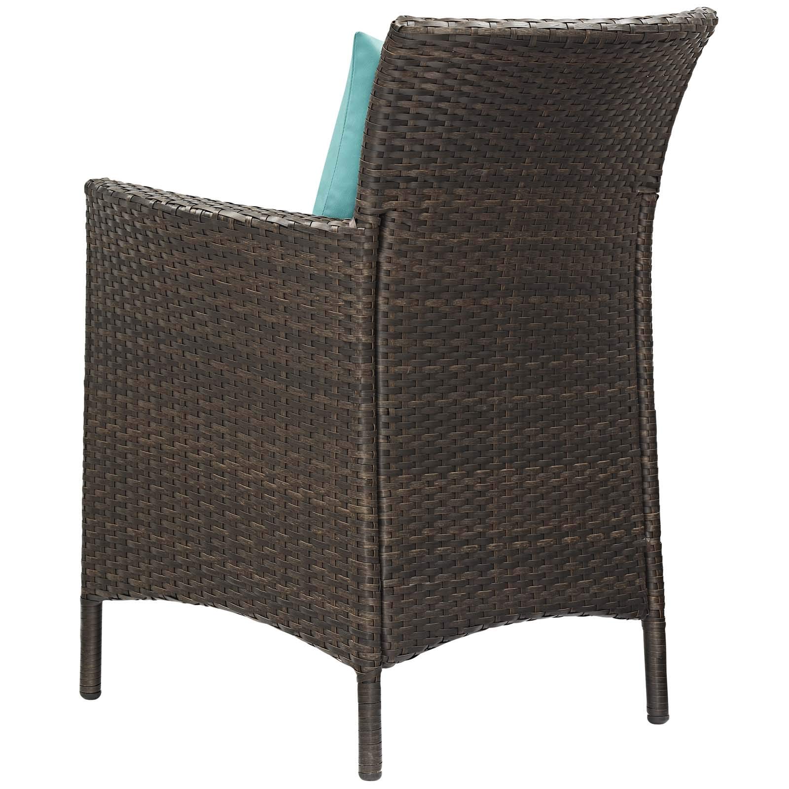 Modern Contemporary Outdoor Patio Dining Chair - Rattan Wicker Armchair for Balcony, Side Seating - Blue & Brown - Perfect for Garden, Poolside, and Backyard Relaxation