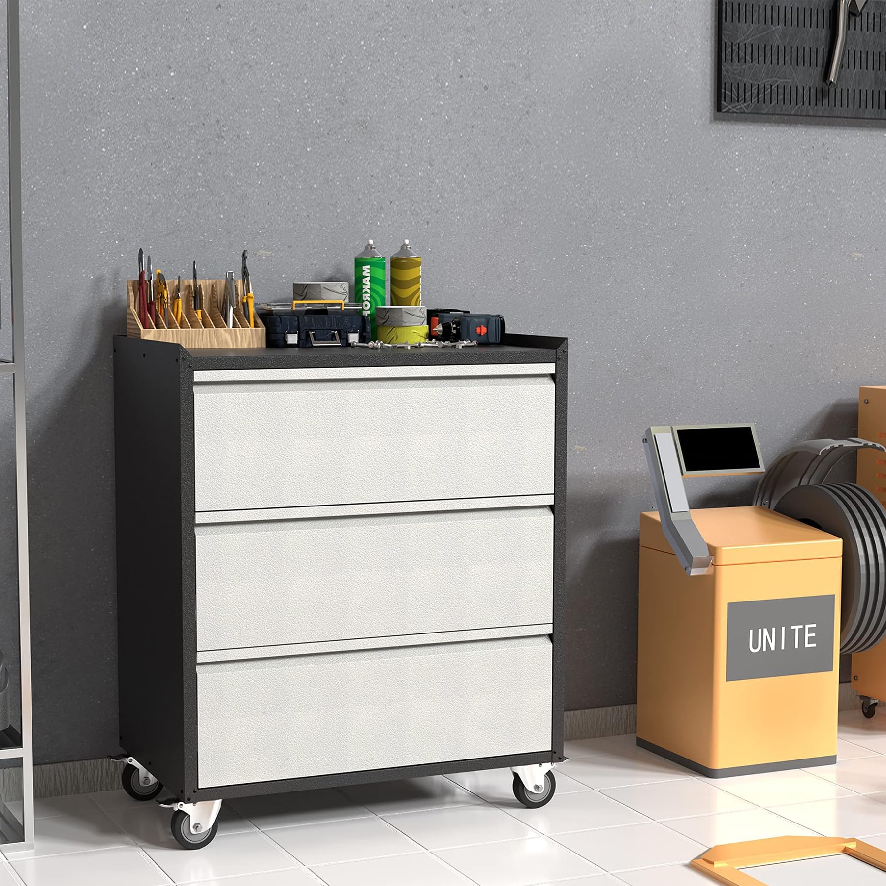 Heavy Duty Metal Garage Storage Cabinet with 3 Large Rolling Drawers - Mobile Tool Chest with Workbench for Workshop, Warehouse & Home Office (Black & Gray) - Perfect for Organizing Tools, Equipment & DIY Supplies